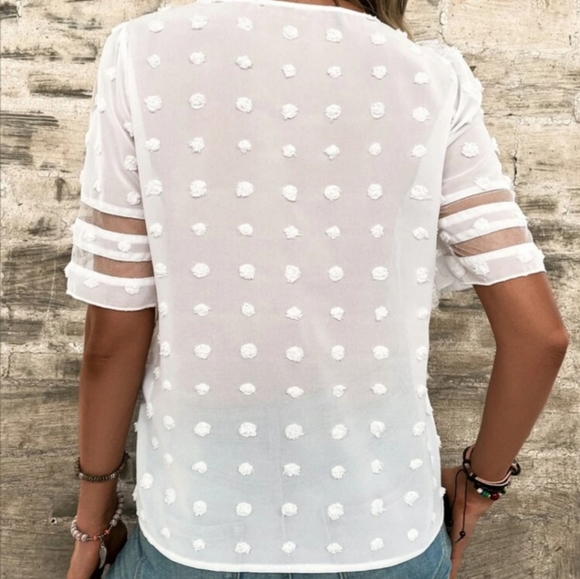 Swiss Dot Vneck Short Sleeve Blouse in White - Picture 2 of 7